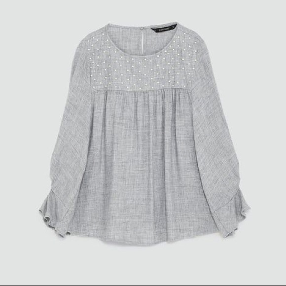 Zara Basic Grey Pearl Embellished Long Sleeve Blouse - Picture 15 of 15